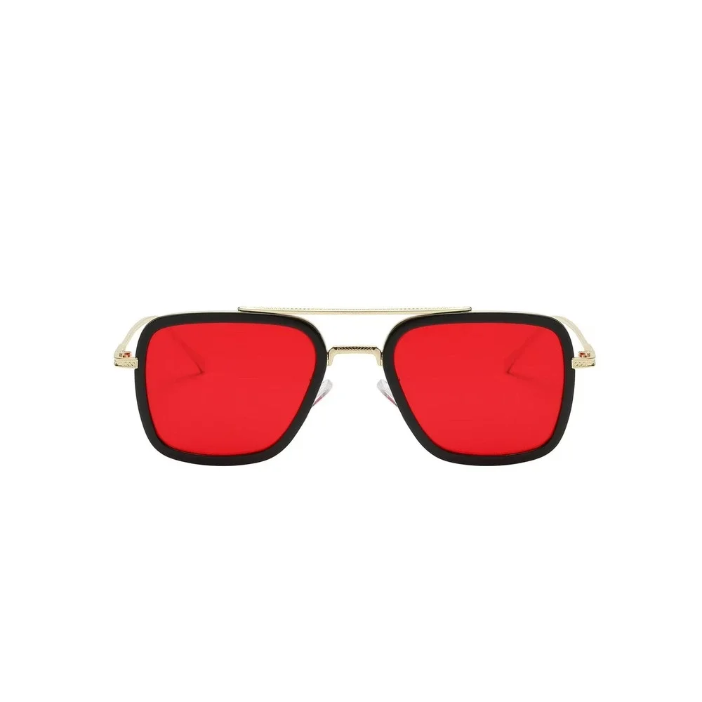 WomenRectangular Sunglasses Red Lens Black Gold Frame Fashion‎ Designer Elegant